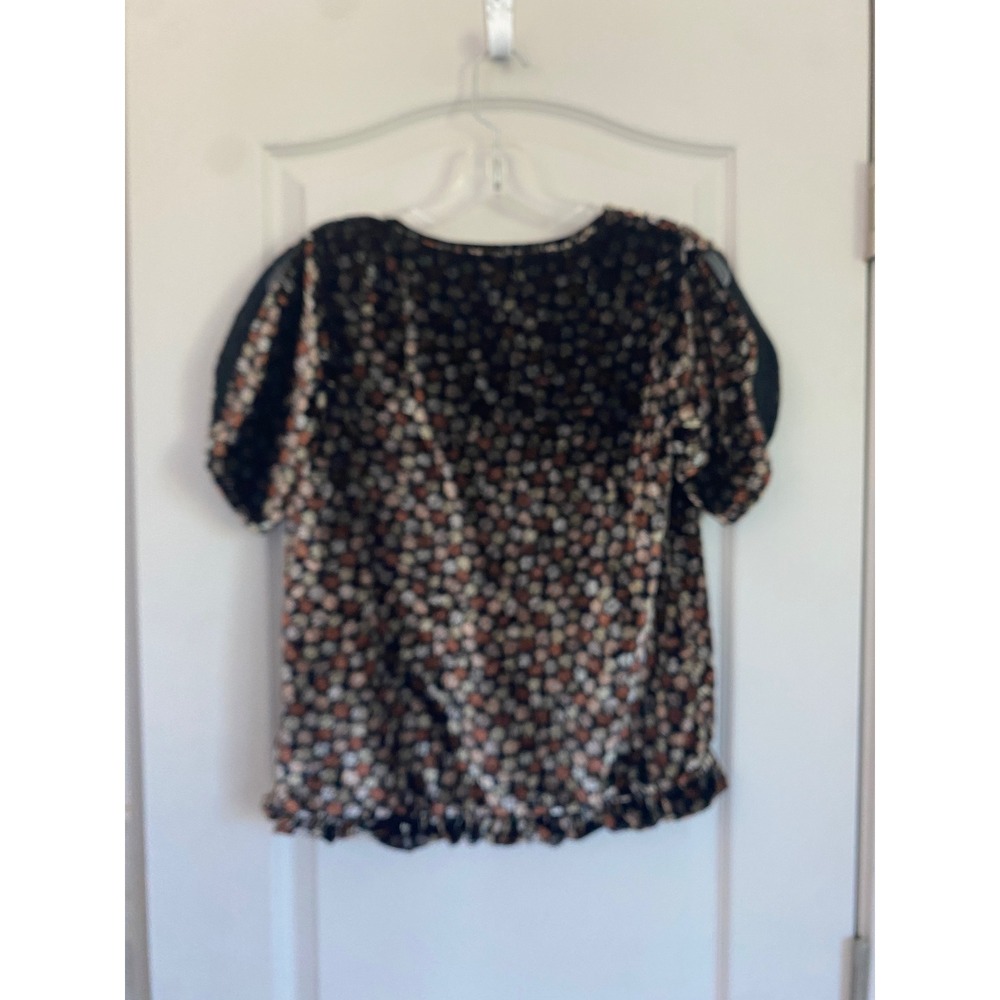 Madewell Velvet Split Sleeve Ruffle Hem Floral Top Black Brown K2795 XS - Picture 10 of 13